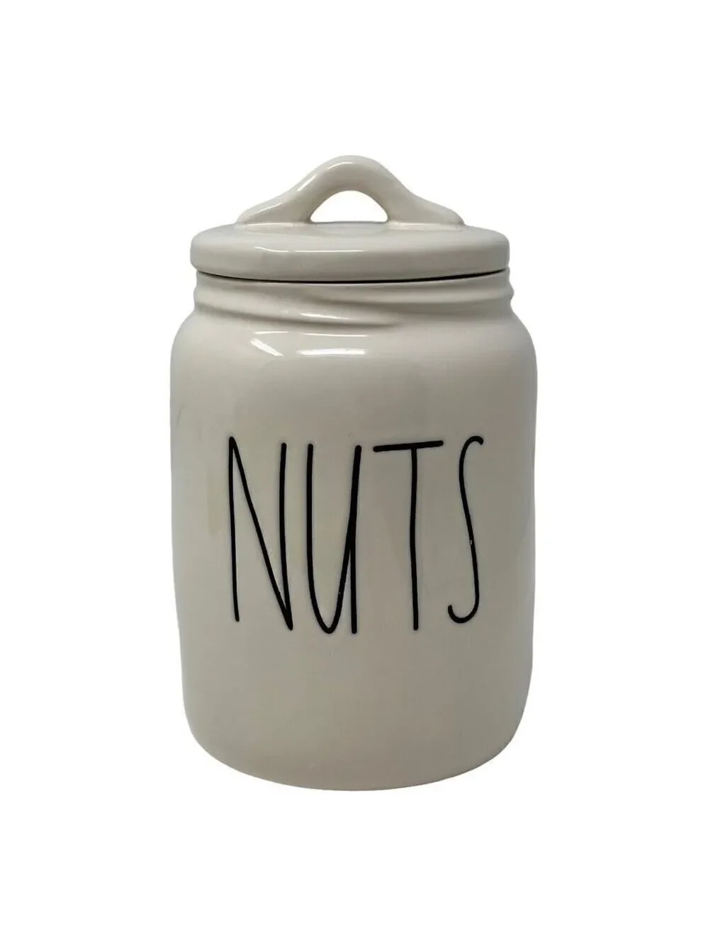 Rae Dunn NUTS Canister Ceramic Farmhouse Magenta White 7 inch Baby Flat Lid